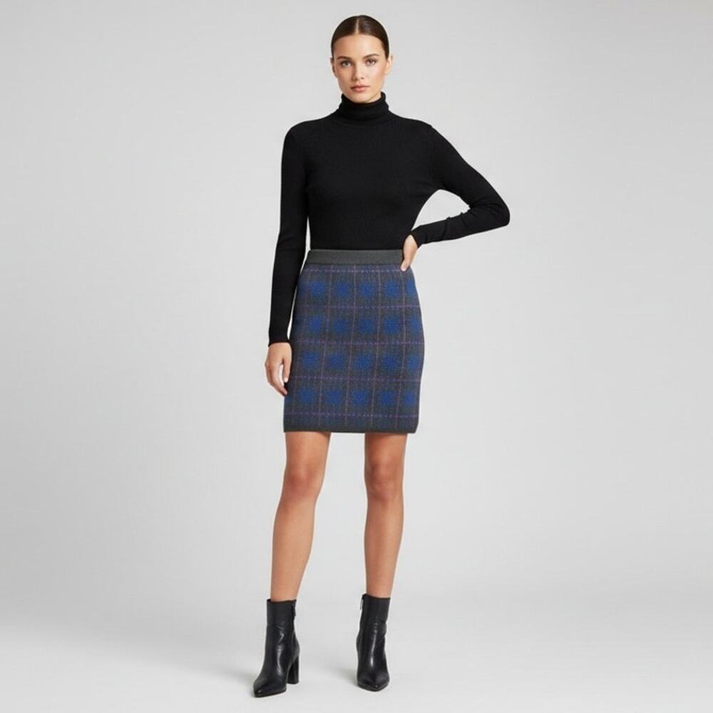 JIGSAW 100% Wool Knit Plaid Mini Skirt Gray Blue Plaid Pull On Stretchy Size M